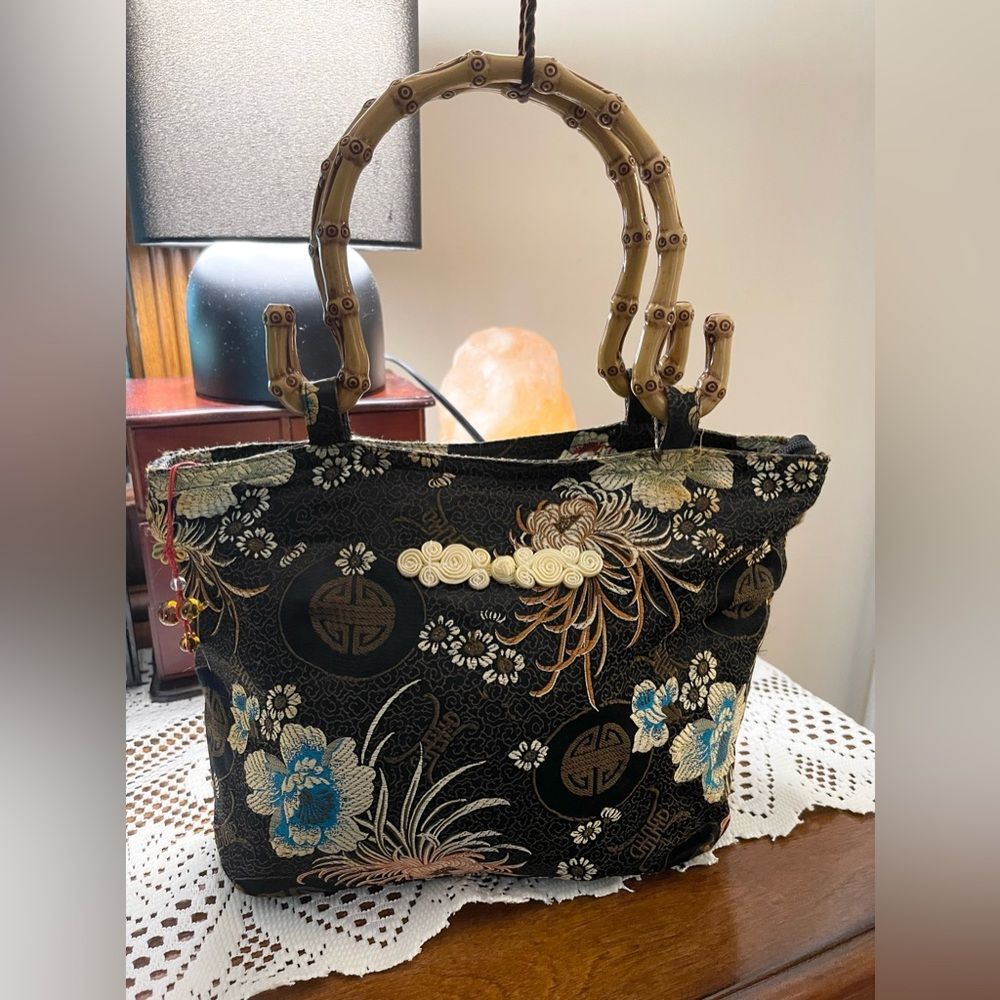 Womens Satchel Tote Bag Bamboo Wooden Handle Floral Mandarin Print